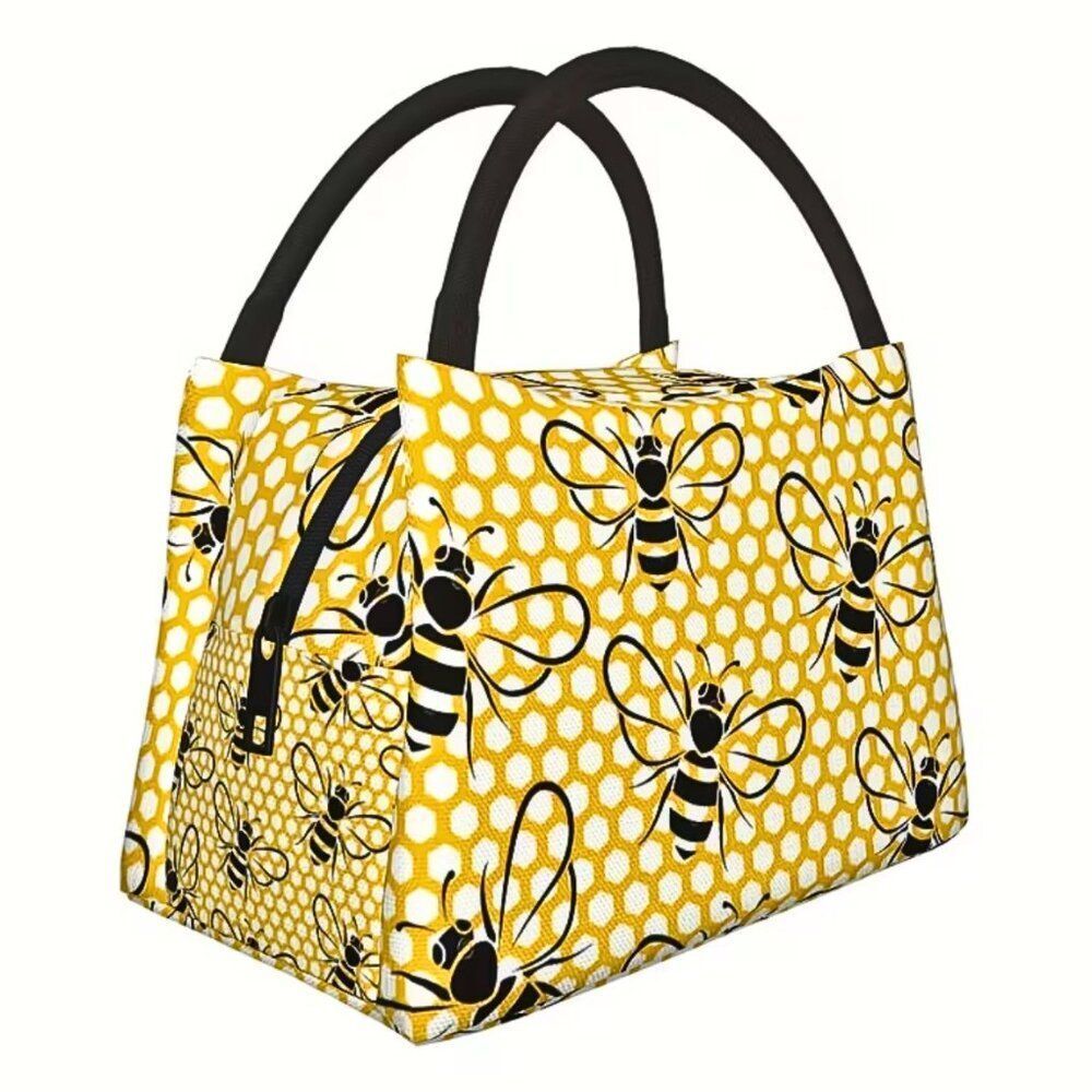 Lunch Tote Bee Pattern Insulated with Leak-Proof Reusable Zipper Cottagecore
